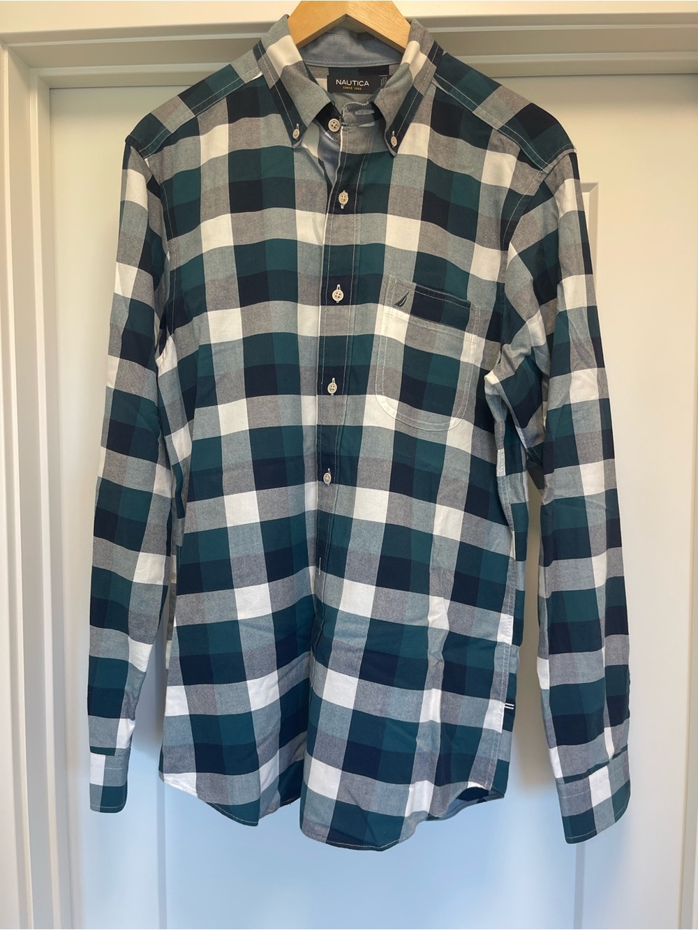 Nautica Teal, Black & White Plaid Button-Down Shirt